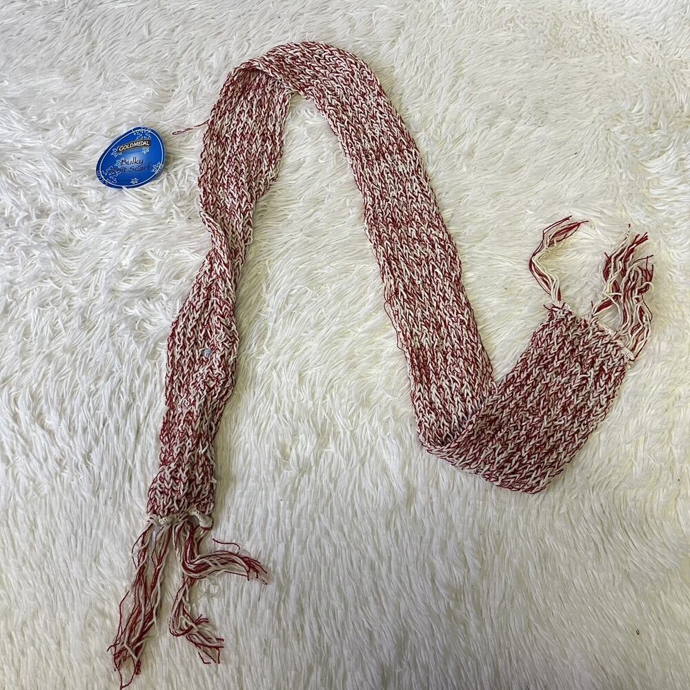 Gold Medal Women’s Red White Bulky Knit Scarf Fringe Acrylic 60”